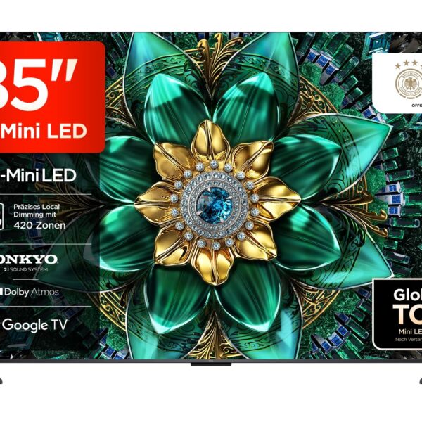 TCL 85Q6C 85 Zoll QD-Mini LED 4K Smart TV, 1000 Nits, 144 Hz, Google TV, Dolby Vision IQ & Atmos, Onkyo 2.1